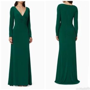 Mac Duggal V Neck Long Sleeve High Slit Gown